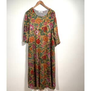 Natural Life Lottie Sweater Dress Medium Yellow Floral Pockets Lagenlook Artsy